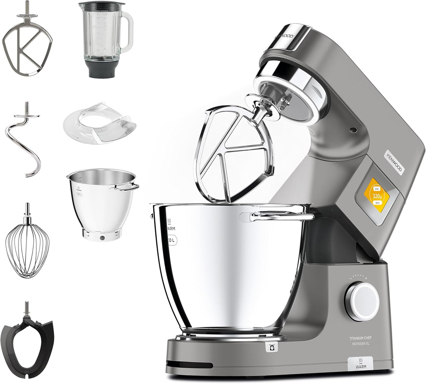 Kenwood Titanium Chef Patissier XL KWL90.034SI, Food Processor with Integrated Scales & 7 L Mixing Bowl with Heat Function, 1400 Watt, incl. 4 Piece Patisserie Set, Silver