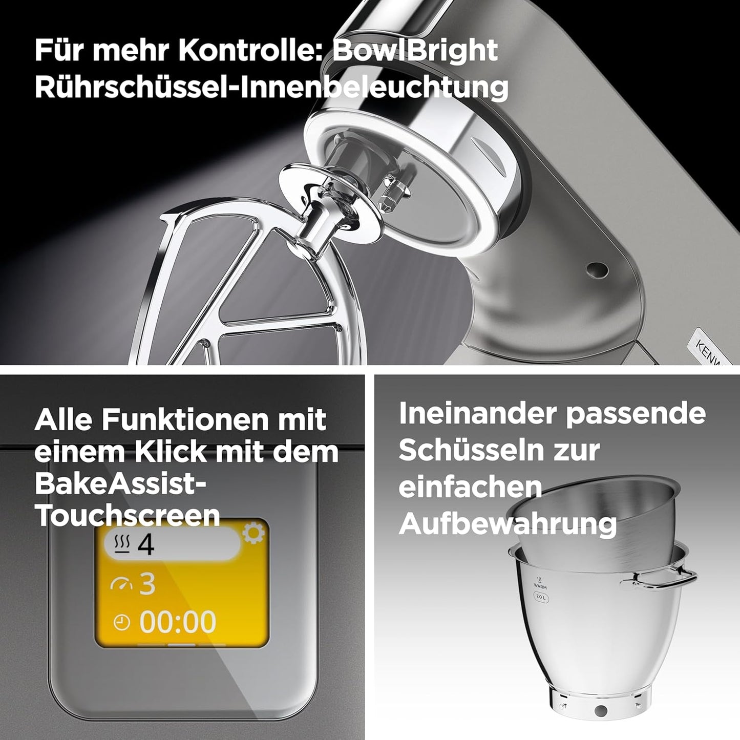 Kenwood Titanium Chef Patissier XL KWL90.034SI, Food Processor with Integrated Scales & 7 L Mixing Bowl with Heat Function, 1400 Watt, incl. 4 Piece Patisserie Set, Silver