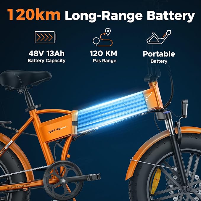 Faltbares Elektrofahrrad mit 48 V 13 Ah herausnehmbarer Batterie, 50–120 km Reichweite